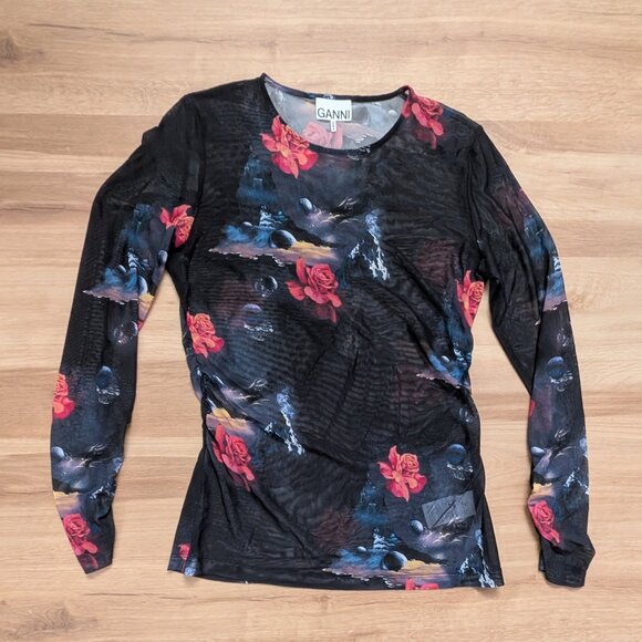GANNI Mesh Print Long Sleeve Blouse Size 42 Sheer Floral Graphic Top - Picture 7 of 7